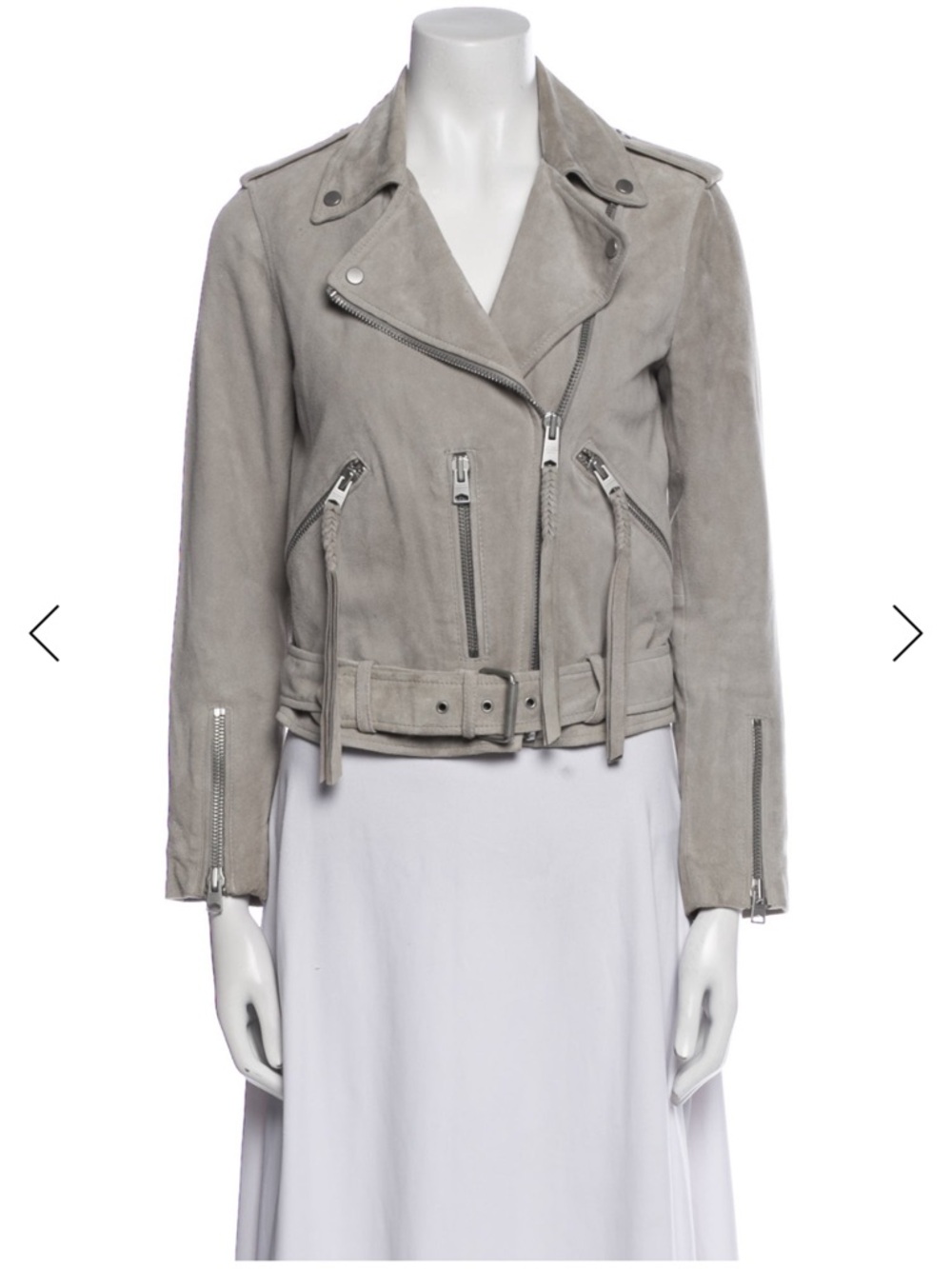 ALL SAINTS Womens Grey Suede Moto Jacket with Zipper Detail